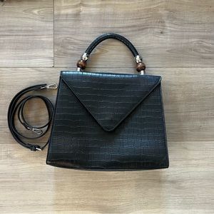 WeWoreWhat Black Croc Leather Purse w Brown/Silver Beads- Removable Strap